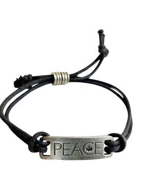 Peace Statement Bracelet with Adjustable Black Cord and Metal ID Style Plate